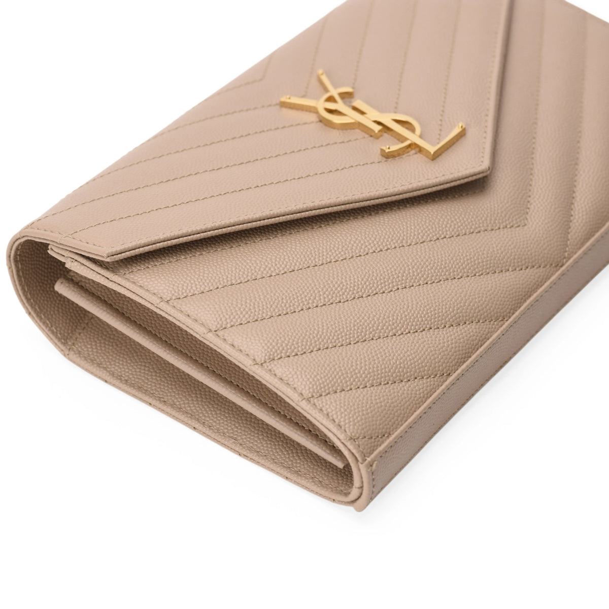 Saint Laurent Cassandre chain wallet in grain de poudre dark beige. curated Pre-loved Luxury by Myluxe in Helsinki.
