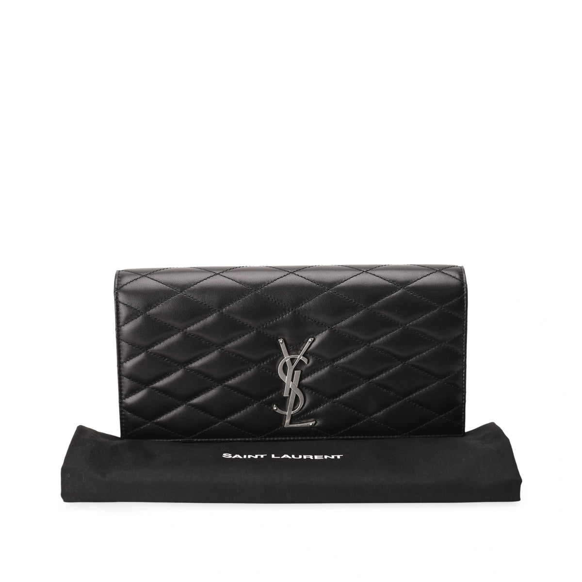 Saint Laurent Kate large quilted black leather clutch with silver YSL logo. curated Pre-loved Luxury by Myluxe in Helsinki.