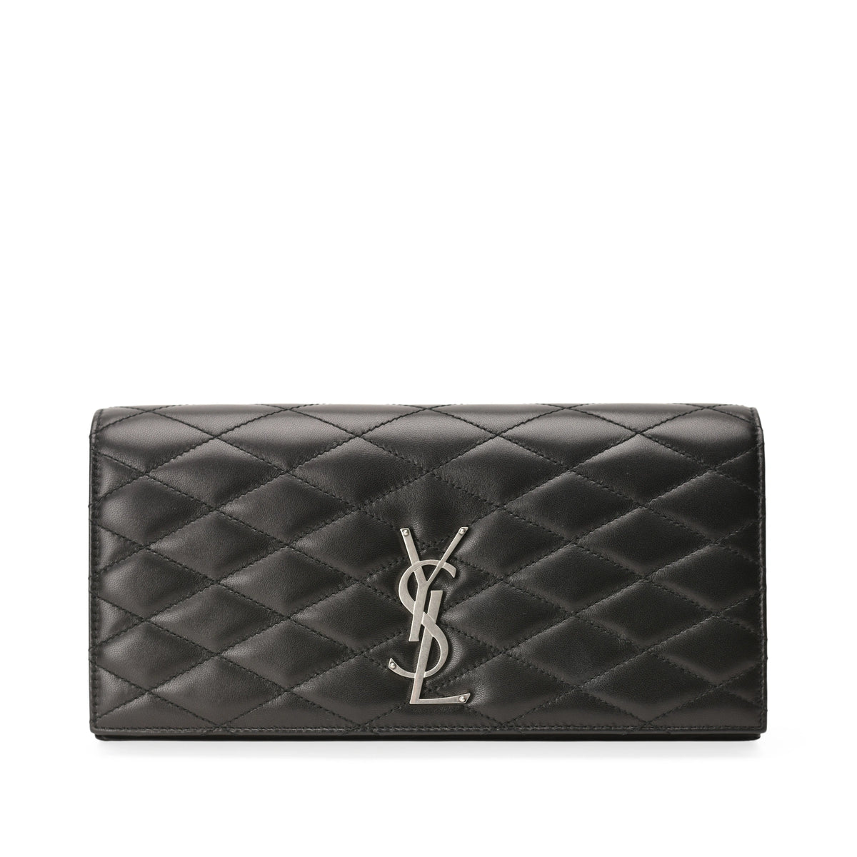 Saint Laurent Kate quilted black leather clutch with silver YSL logo. curated Pre-loved Luxury by Myluxe in Helsinki.