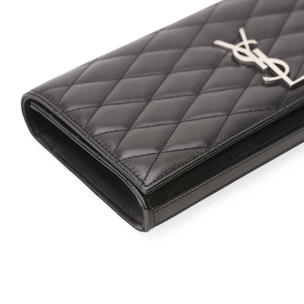 Saint Laurent Kate large quilted black leather clutch with silver YSL logo. curated Pre-loved Luxury by Myluxe in Helsinki.