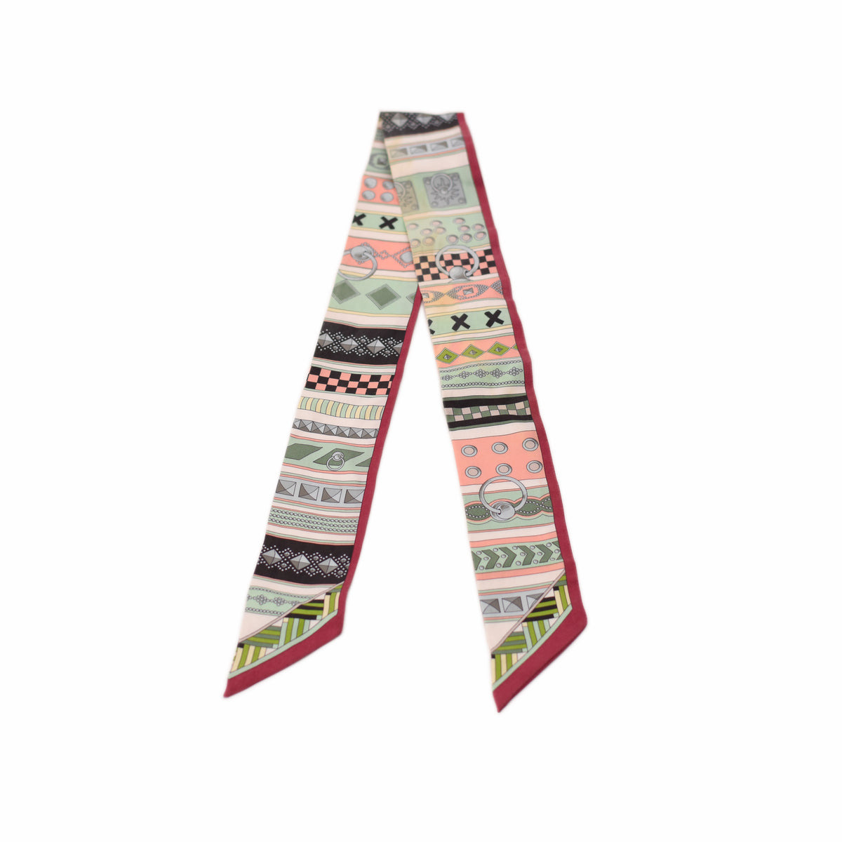Multicolor patterned silk twilly scarf with red trim, curated Pre-loved Luxury by Myluxe in Helsinki.