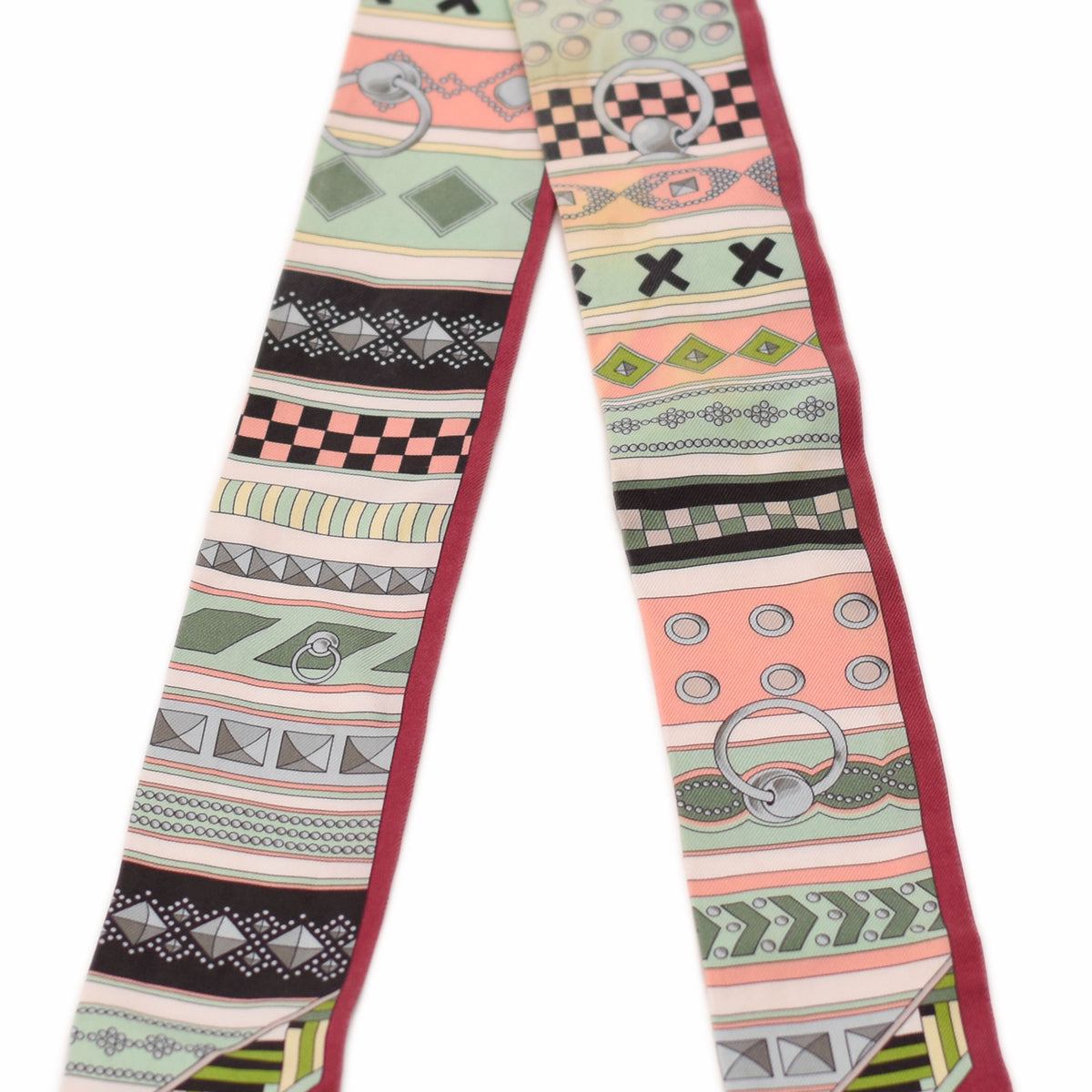 Multicolor geometric pattern silk scarf with pink, green and grey accents, curated Pre-loved Luxury by Myluxe in Helsinki.