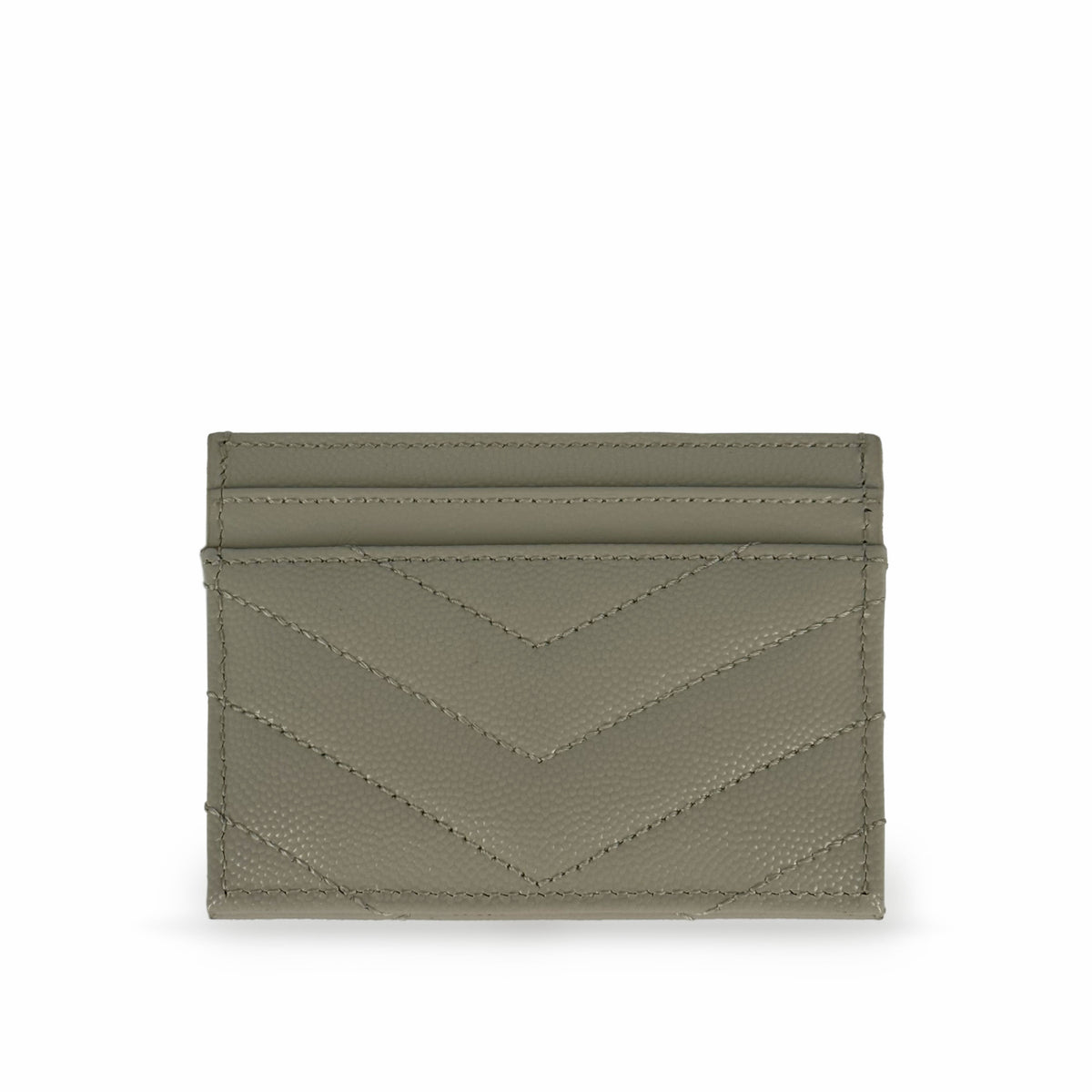 Olive green pebbled leather card holder with chevron stitching, curated Pre-loved Luxury by Myluxe in Helsinki.