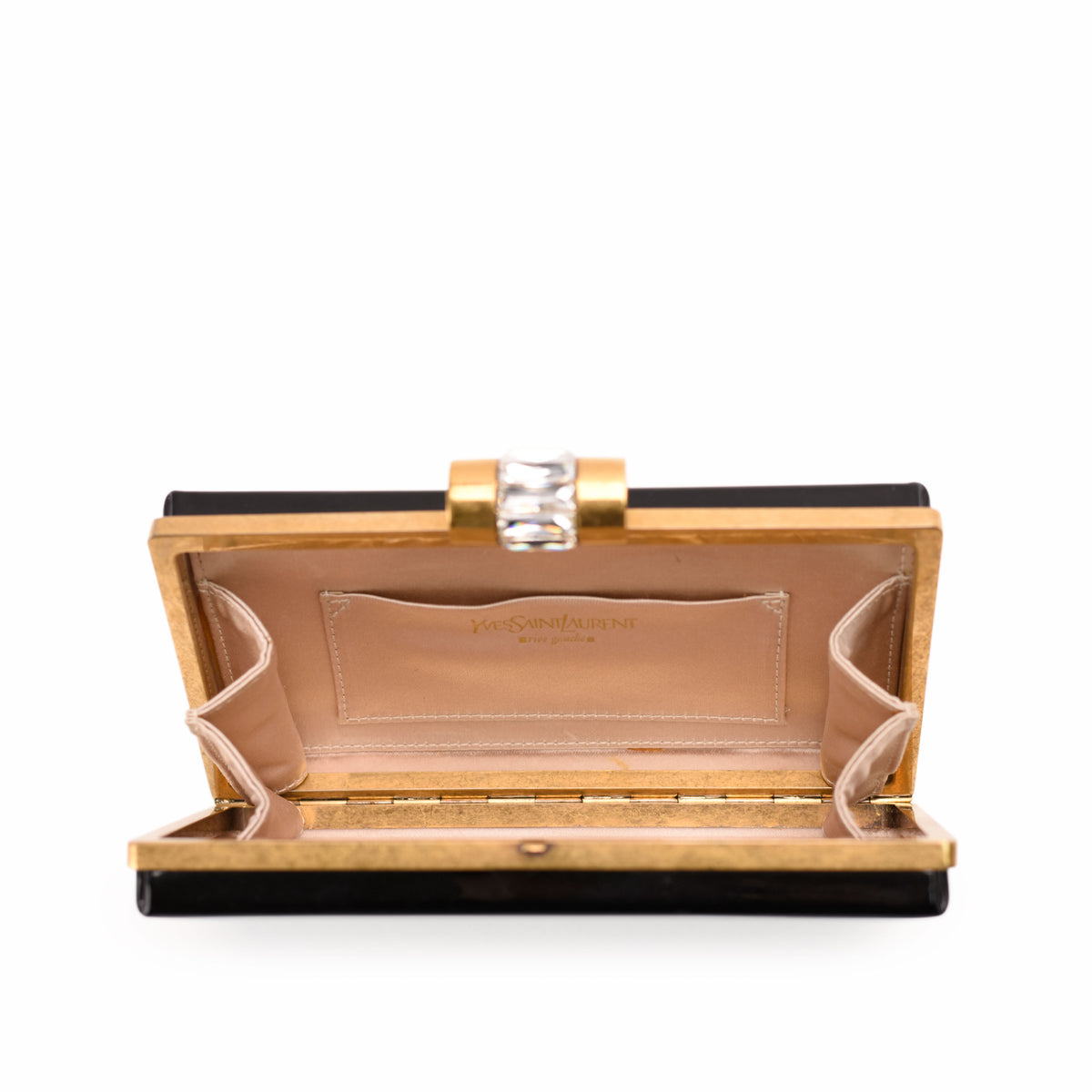Open black patent leather YSL clutch with gold-tone frame and beige interior, curated Pre-loved Luxury by Myluxe in Helsinki.