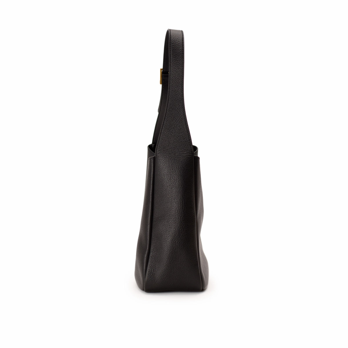 Side view of a black grained leather handbag with a shoulder strap, curated Pre-loved Luxury by Myluxe in Helsinki.