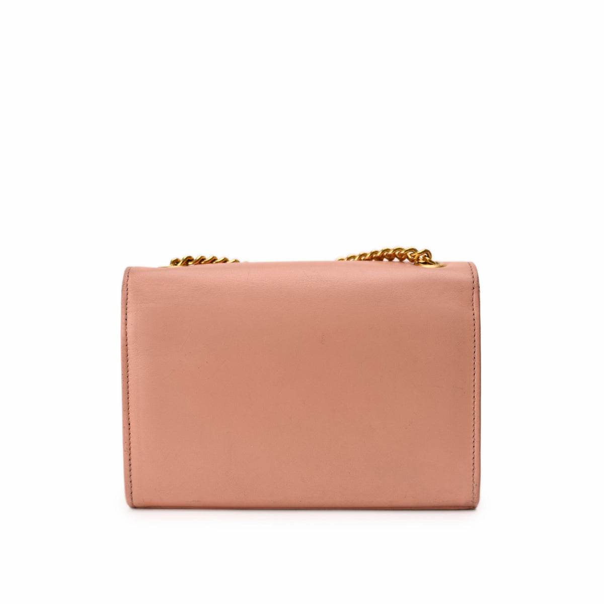 Peach pink leather Chanel flap bag with gold chain strap. curated Pre-loved Luxury by Myluxe in Helsinki.