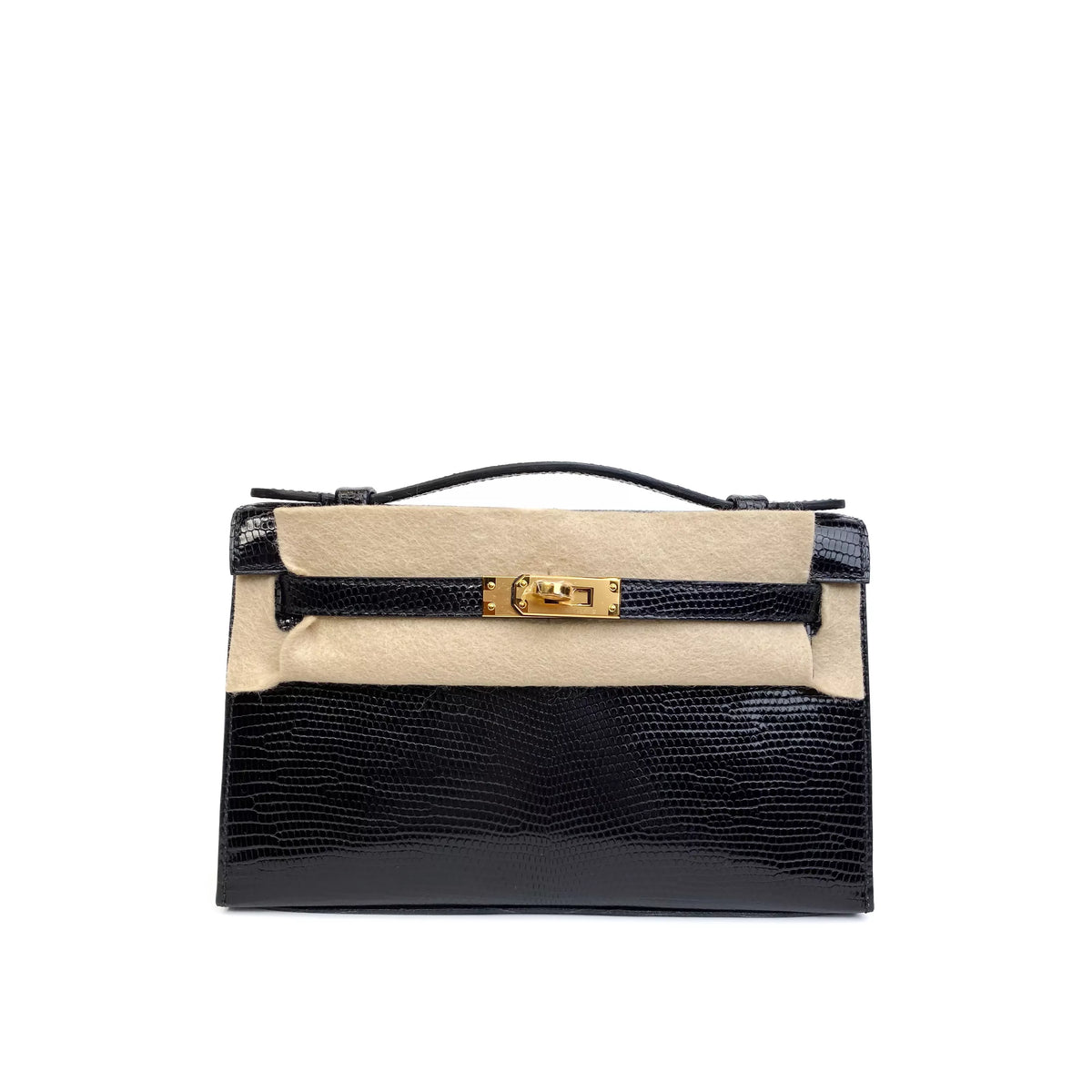 Hermes Mini Kelly Pochette In Black Shiny Lizard Gold Hardware Set