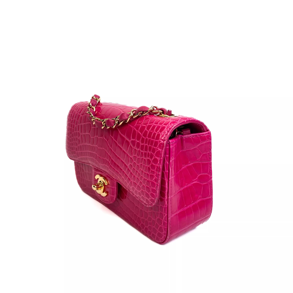 Chanel Classic Mini Flap Bag Shiny Alligator in Fuchsia Rose with Gold Hardware Right
