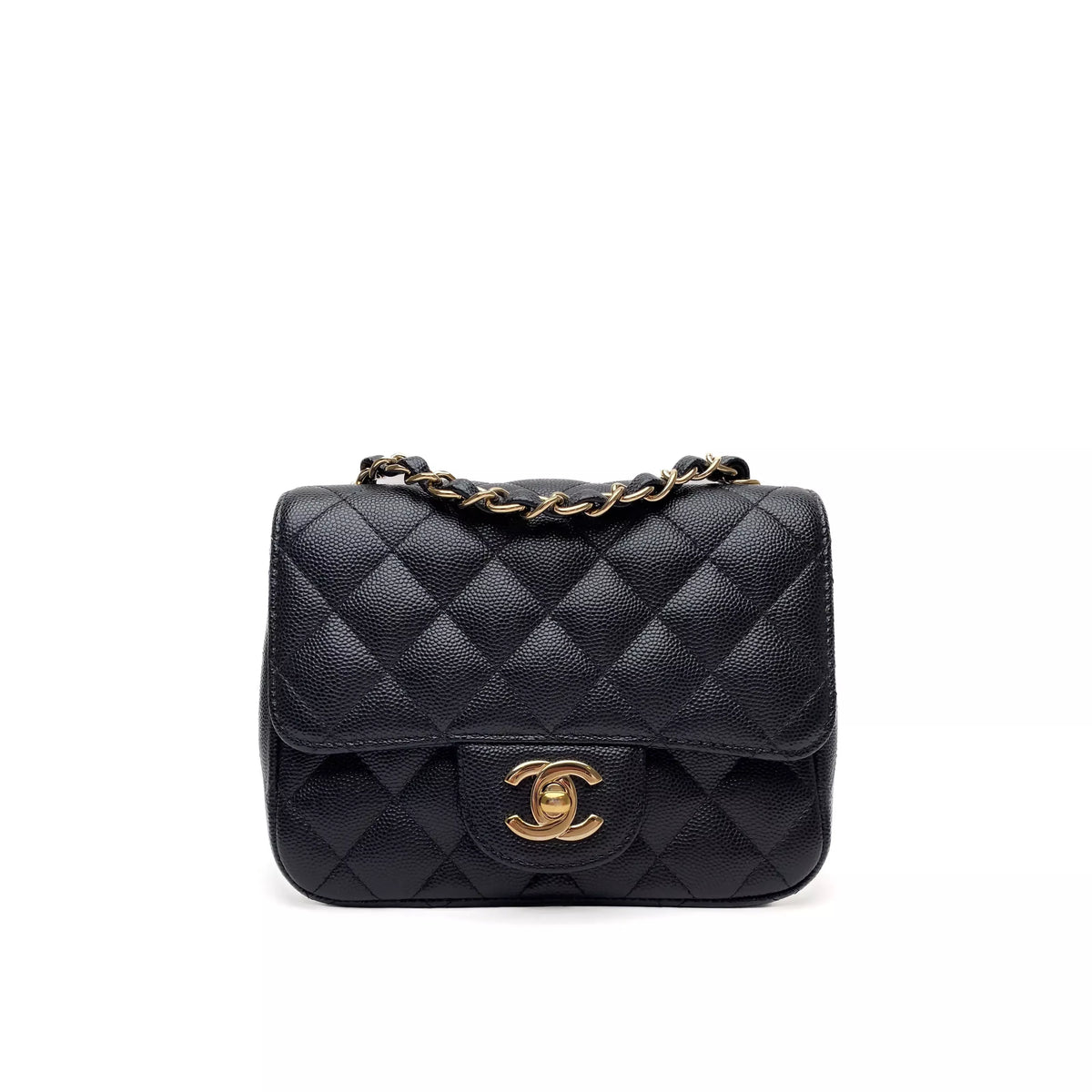 Chanel Quilted BlackCaviar Mini Square Single Flap Champagne Hardware 1