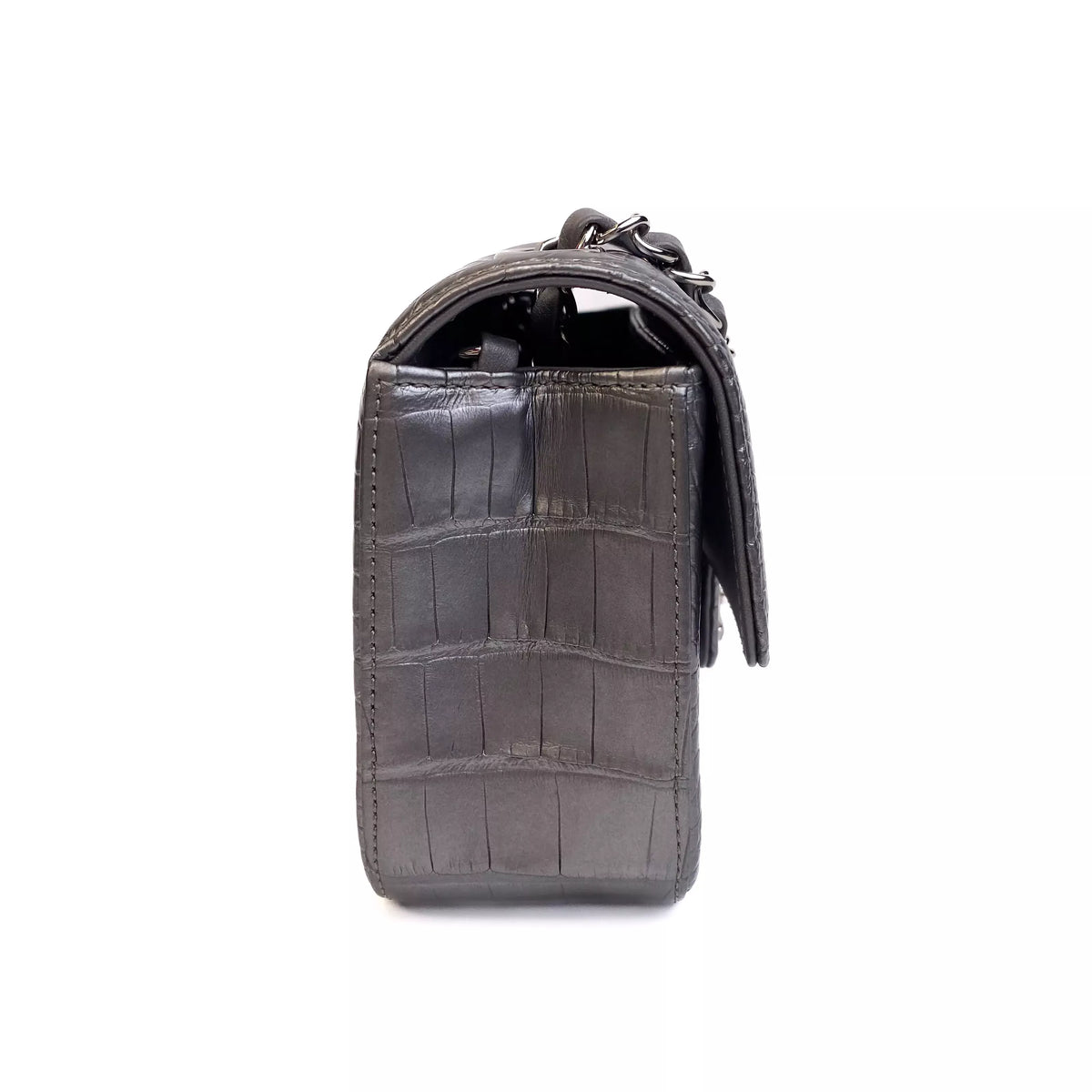 Chanel Classic Mini Flap Bag Shiny Alligator in Metallic Silver with Ruthenium Hardware Left Side