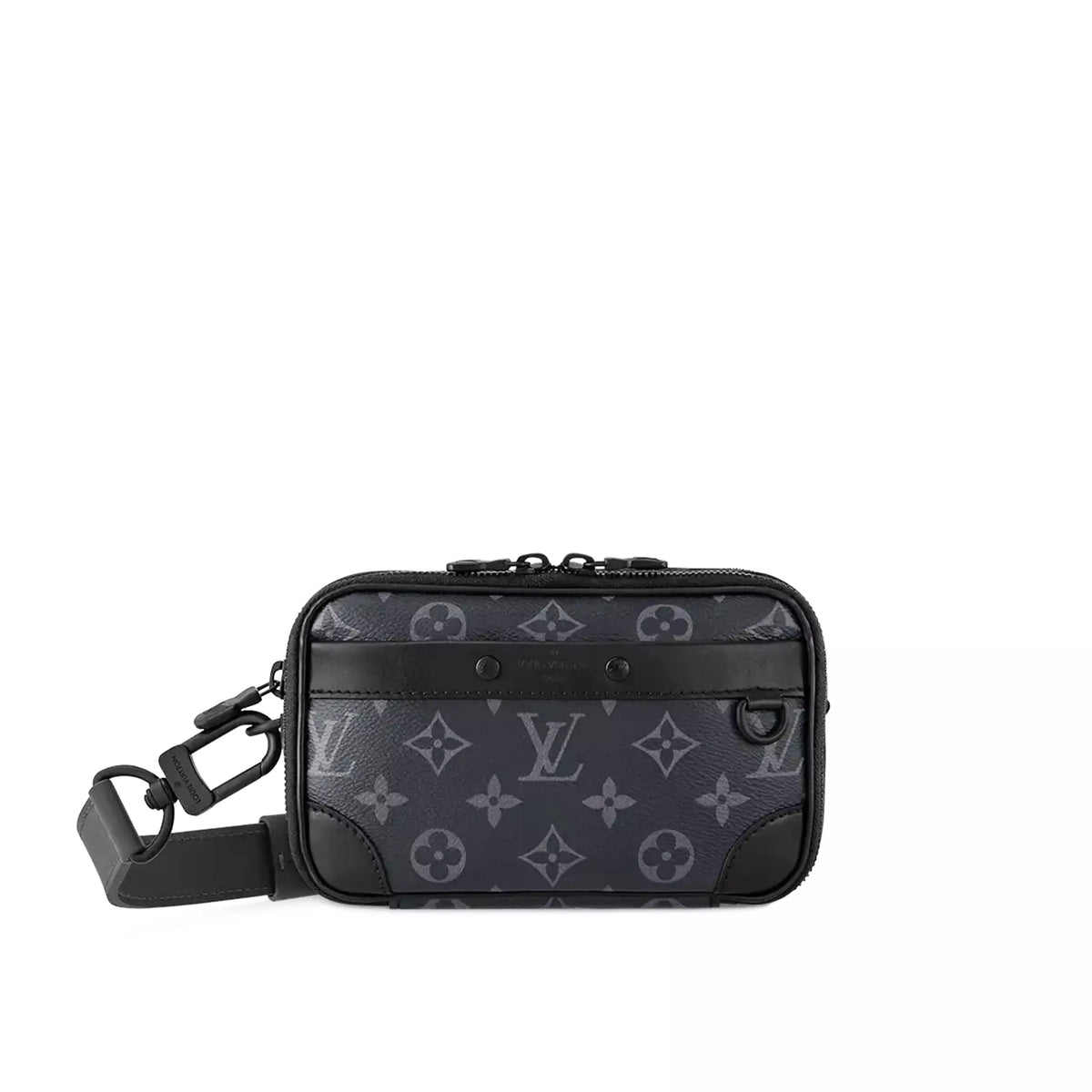 Black Louis Vuitton monogram canvas waist bag with leather trim, curated Pre-loved Luxury by Myluxe in Helsinki.