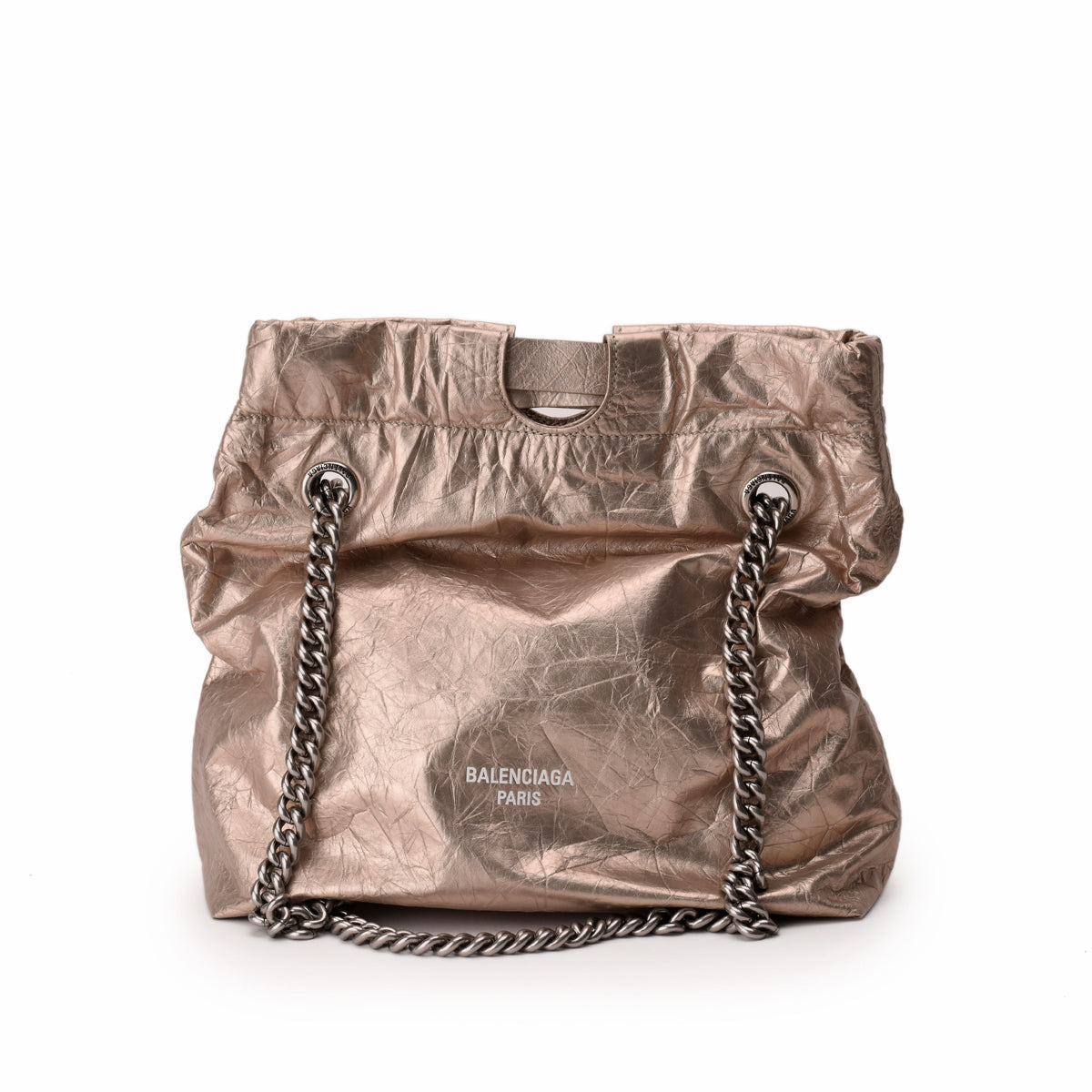 Balenciaga Paris metallic rose gold crumpled leather drawstring bag, curated Pre-loved Luxury by Myluxe in Helsinki.