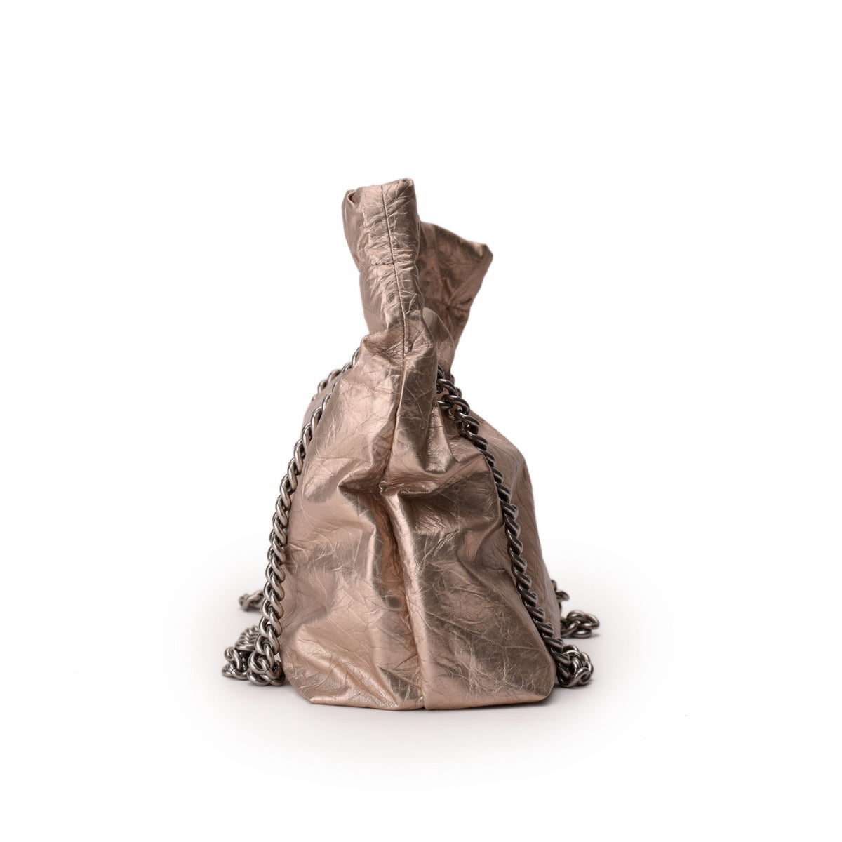 Rose gold metallic leather drawstring bucket bag with silver chain strap, curated Pre-loved Luxury by Myluxe in Helsinki.
