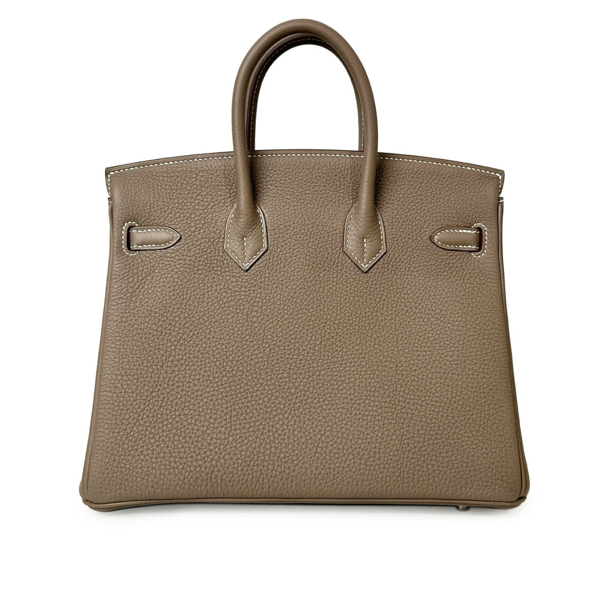 Taupe pebbled leather designer handbag with top handles, curated Pre-loved Luxury by Myluxe in Helsinki.