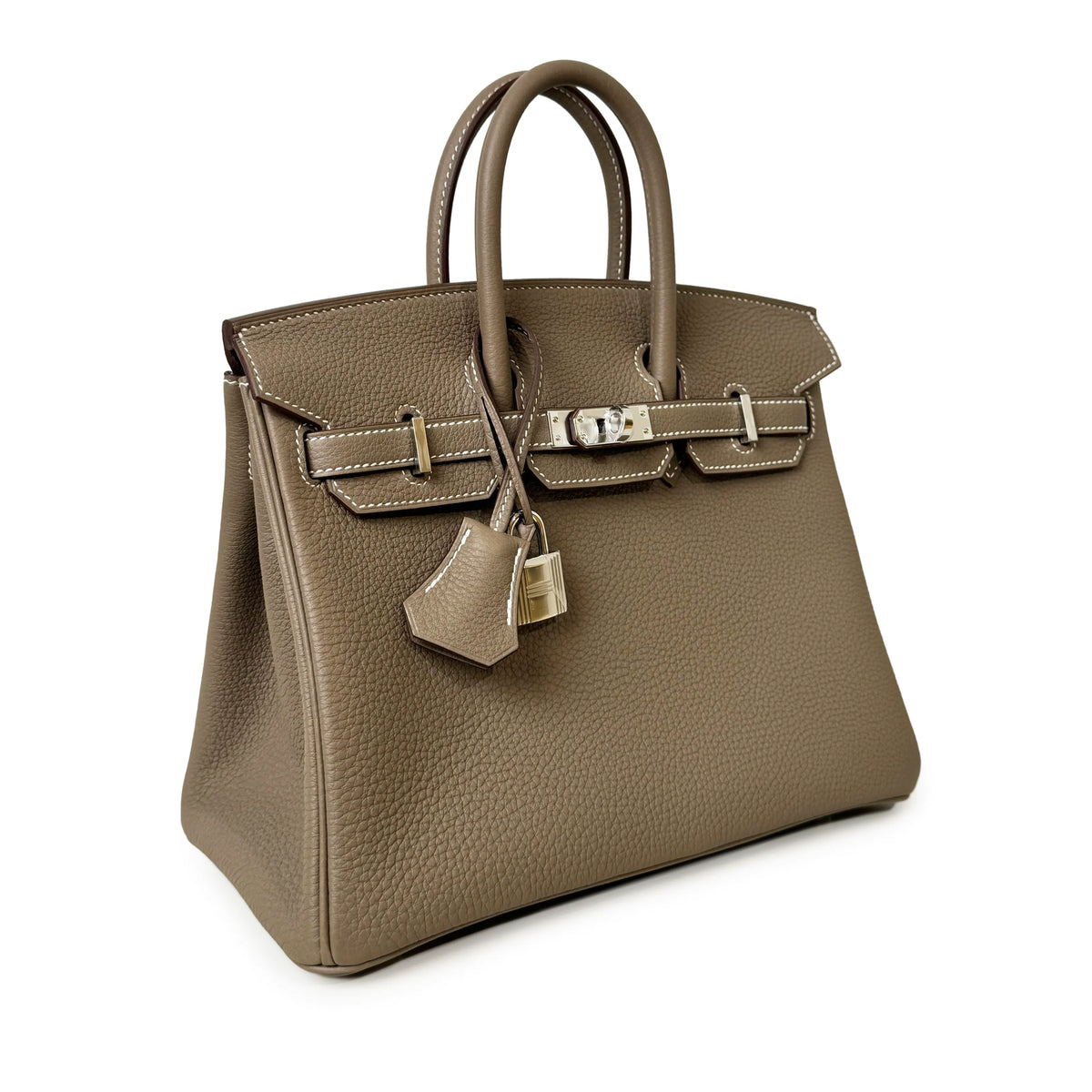 Taupe leather designer handbag with silver hardware, curated Pre-loved Luxury by Myluxe in Helsinki.