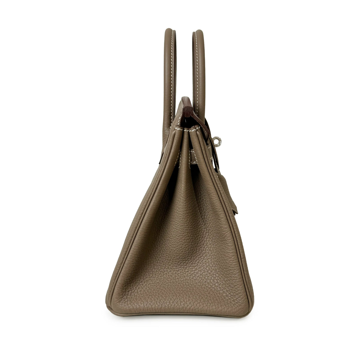 Taupe pebbled leather designer handbag with top handles, curated Pre-loved Luxury by Myluxe in Helsinki.