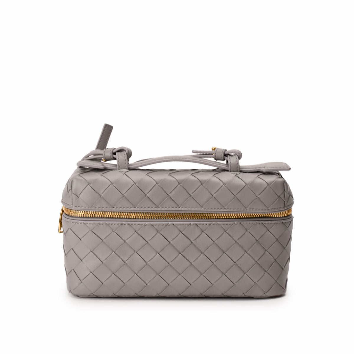 Grey Bottega Veneta Intrecciato woven leather makeup bag with gold zipper, curated Pre-loved Luxury by Myluxe in Helsinki.