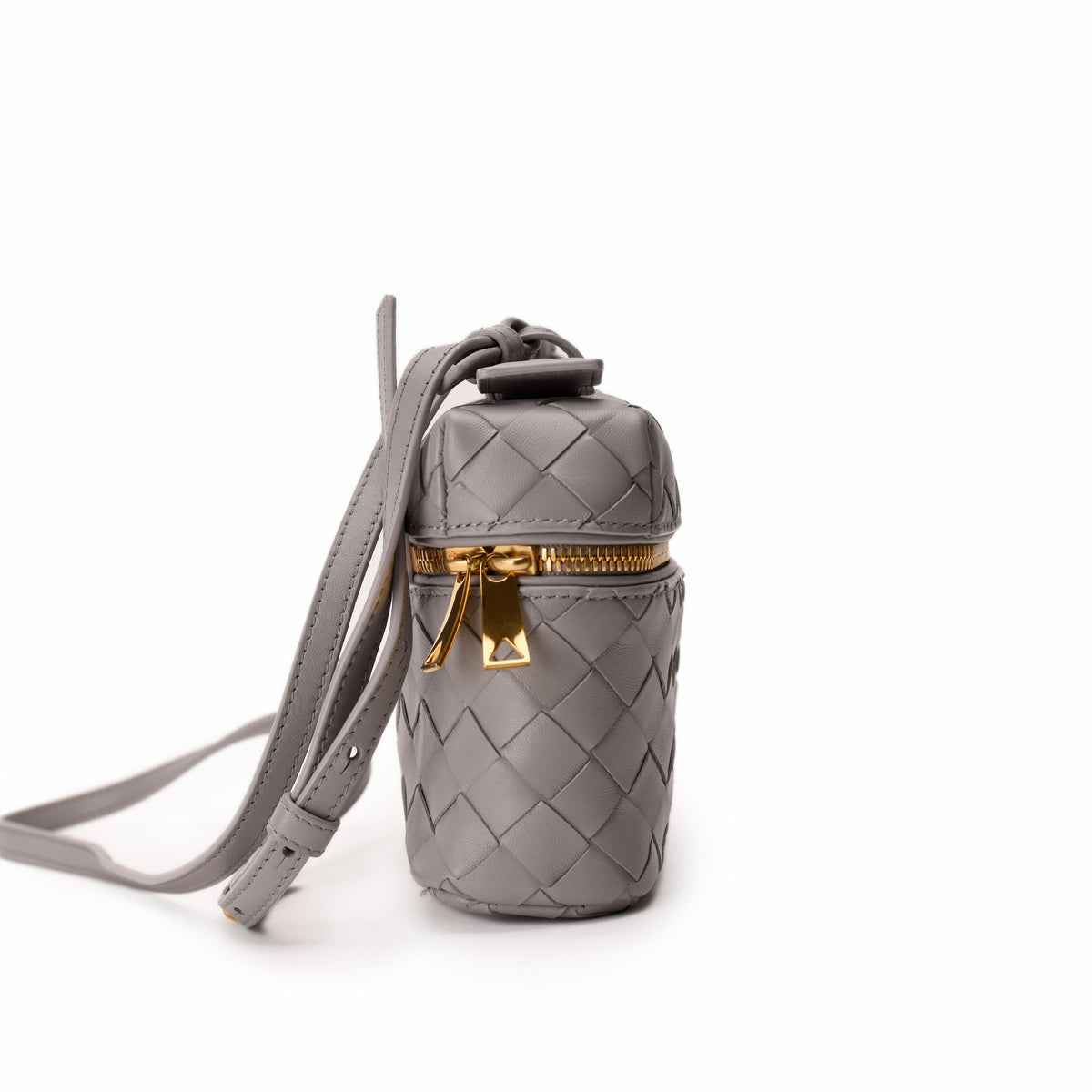 Grey Bottega Veneta Intrecciato woven leather mini bag with gold-tone hardware, curated Pre-loved Luxury by Myluxe in Helsinki.