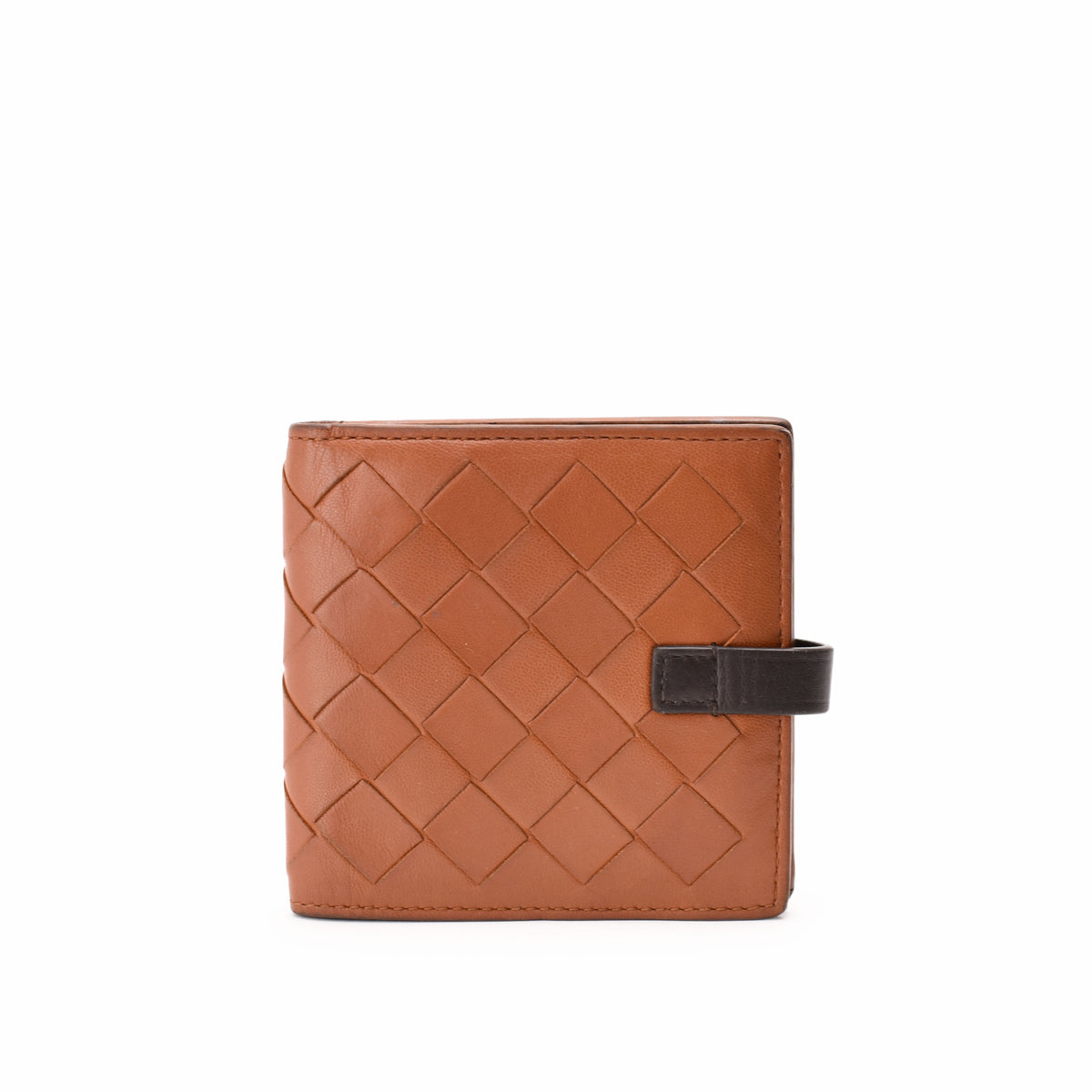 Tan woven leather bi-fold wallet with dark brown strap, curated Pre-loved Luxury by Myluxe in Helsinki.