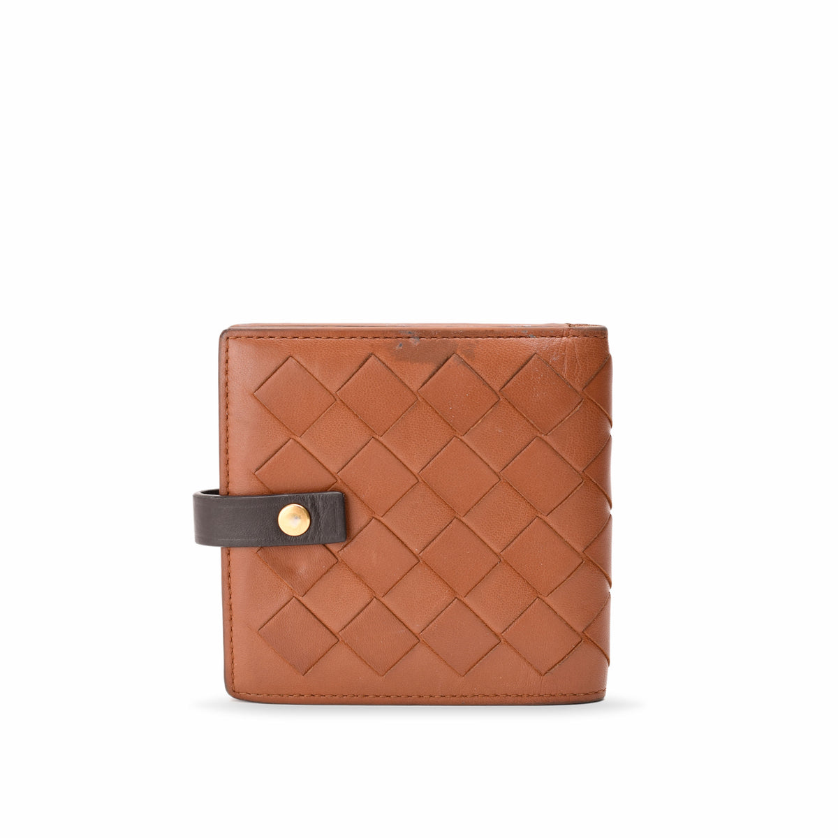 Tan woven leather bifold wallet with dark brown strap and gold-tone stud, curated Pre-loved Luxury by Myluxe in Helsinki.