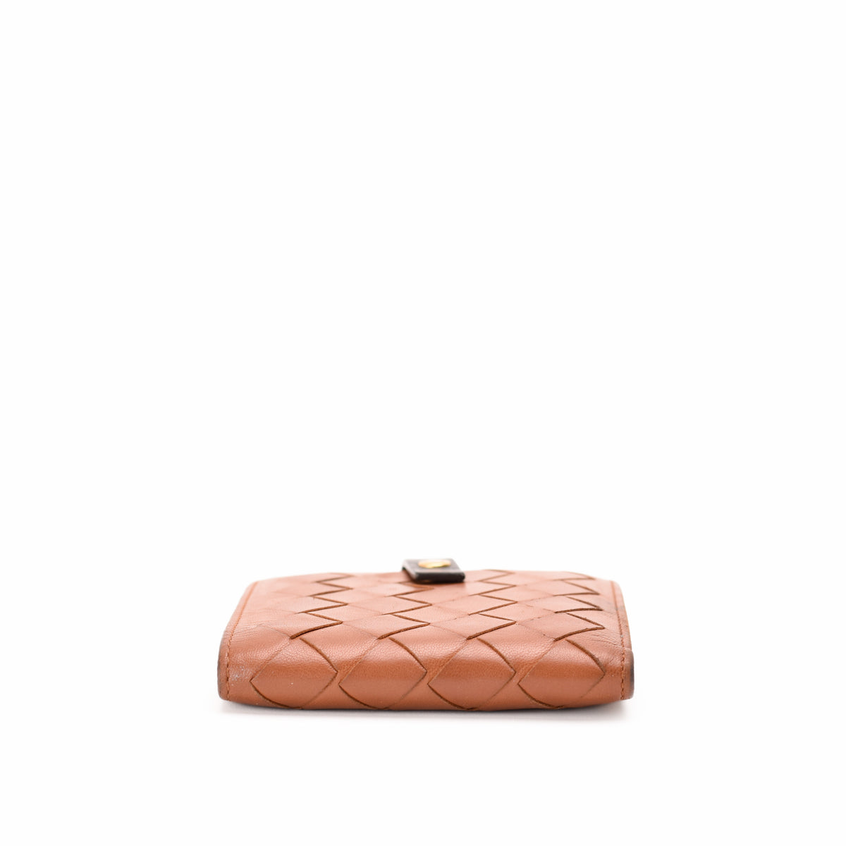Tan woven leather wallet with gold-tone clasp, curated Pre-loved Luxury by Myluxe in Helsinki.