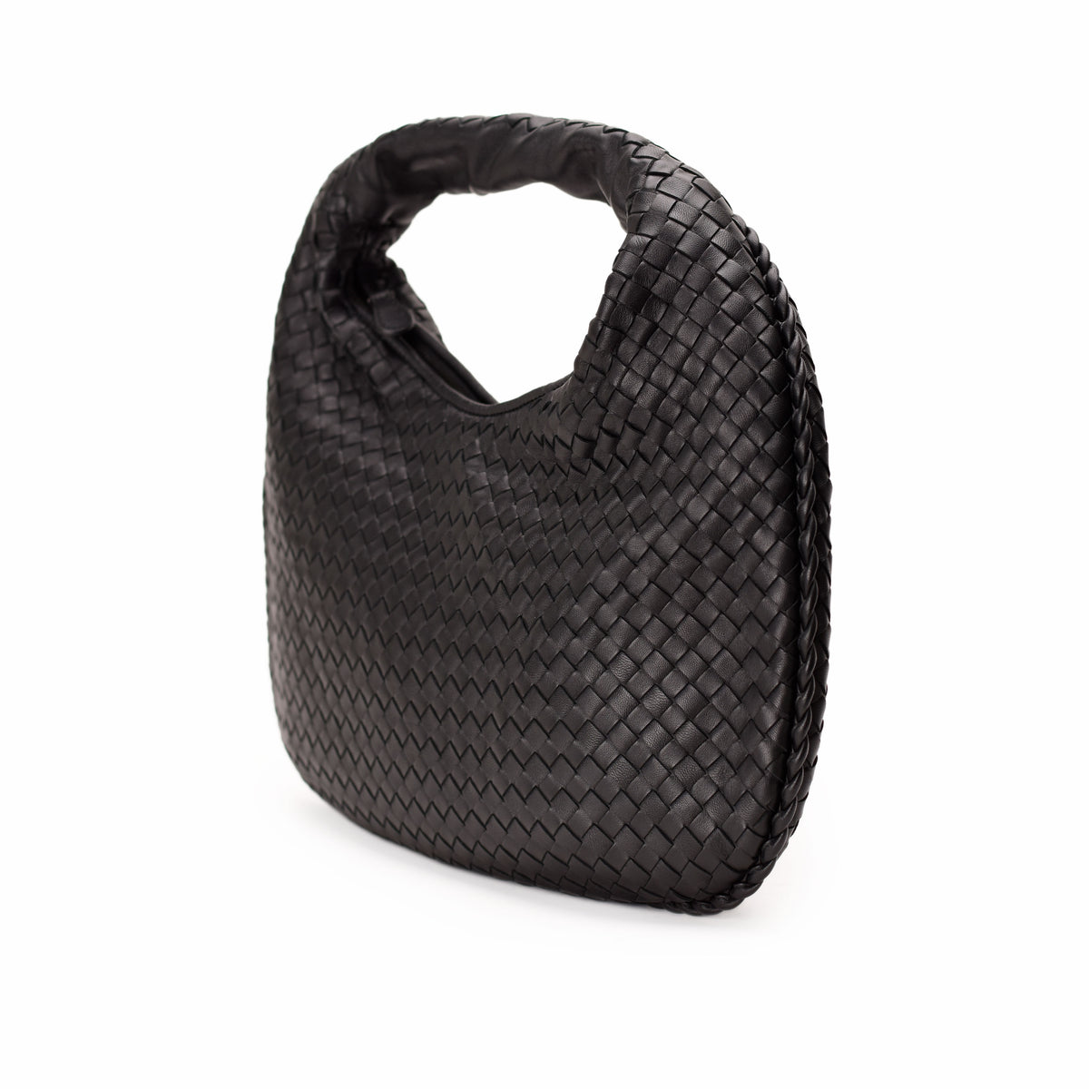 Black woven leather Bottega Veneta handbag, curated Pre-loved Luxury by Myluxe in Helsinki.