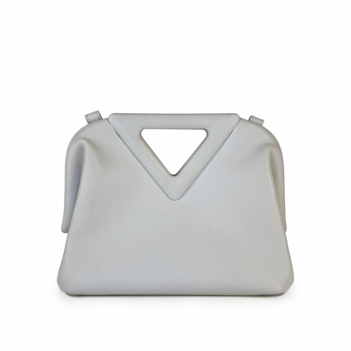 Light grey leather handbag with a unique triangular handle, curated Pre-loved Luxury by Myluxe in Helsinki.