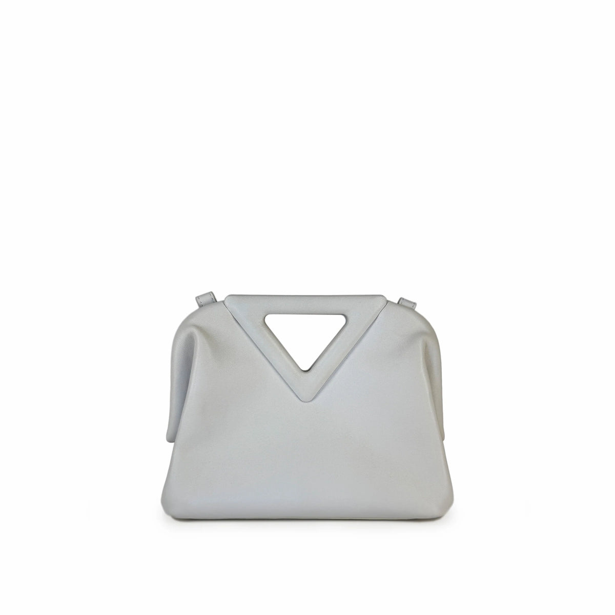Bottega Veneta The Point Bag in white leather with sculptural V-shaped handle. curated Pre-loved Luxury by Myluxe in Helsinki.