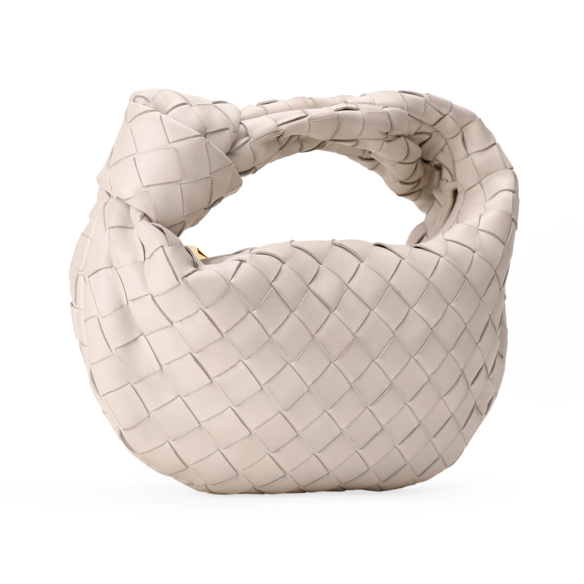 Bottega Veneta white Intrecciato woven leather knot handbag. curated Pre-loved Luxury by Myluxe in Helsinki.
