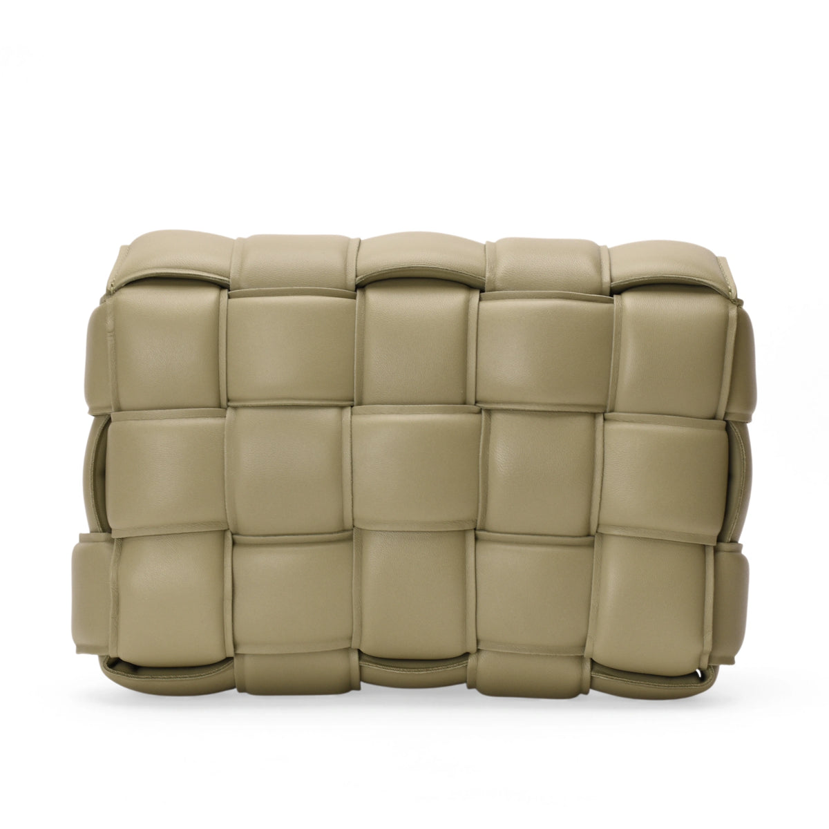Bottega Veneta Padded Cassette Bag in sage lambskin, showcasing its textured, padded design and sleek silhouette.