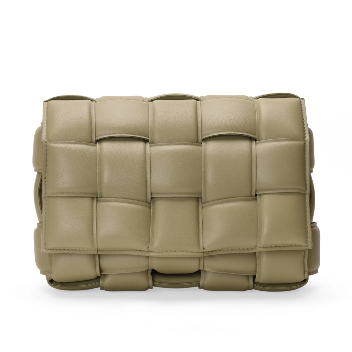 Bottega Veneta Padded Cassette Bag in sage lambskin, featuring a sleek rectangular design and woven leather detail.