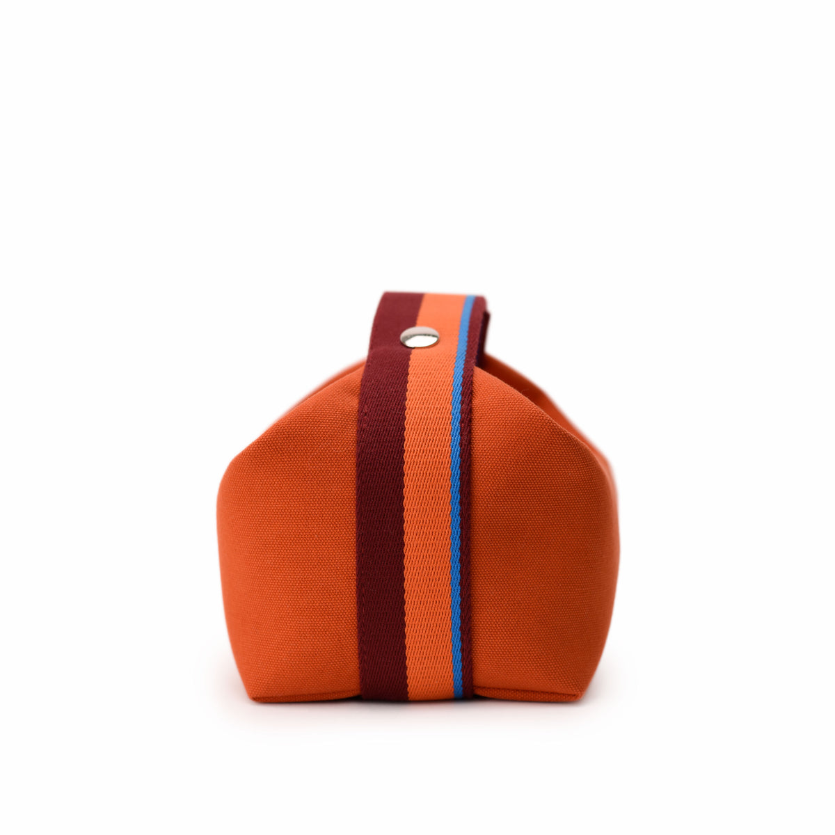Orange canvas luxury pouch with burgundy and blue striped fabric strap. curated Pre-loved Luxury by Myluxe in Helsinki.
