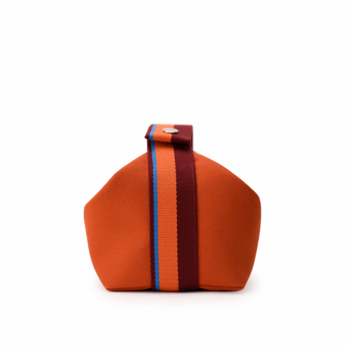 Orange canvas pouch with burgundy and blue striped fabric strap. Curated Pre-loved Luxury by Myluxe in Helsinki.