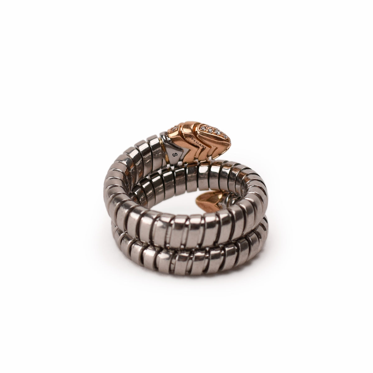 Bvlgari Serpenti ring in grey steel and rose gold with diamonds, curated Pre-loved Luxury by Myluxe in Helsinki.
