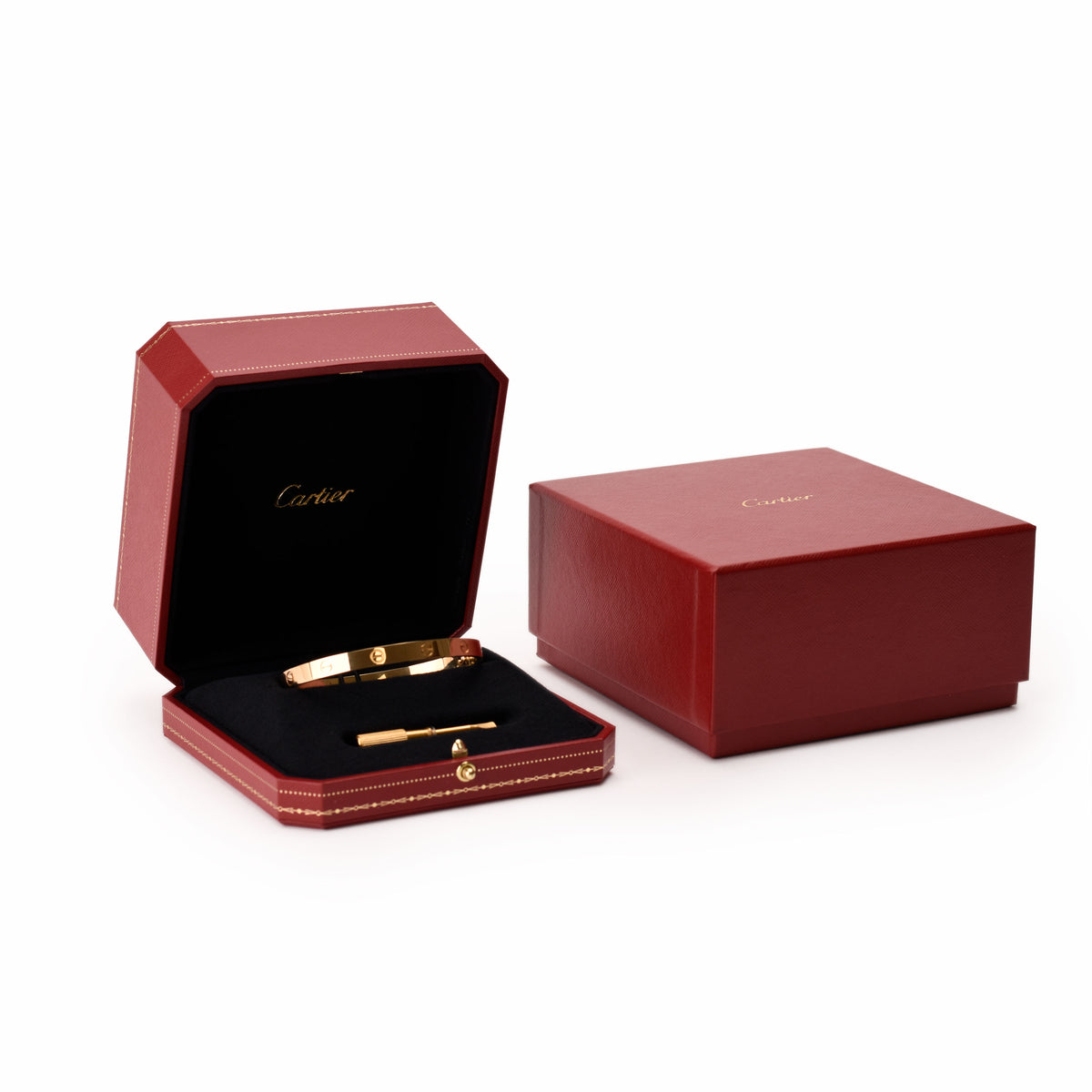 Cartier Love Bracelet in yellow gold featuring signature screw motifs and sleek, polished jewelry design.