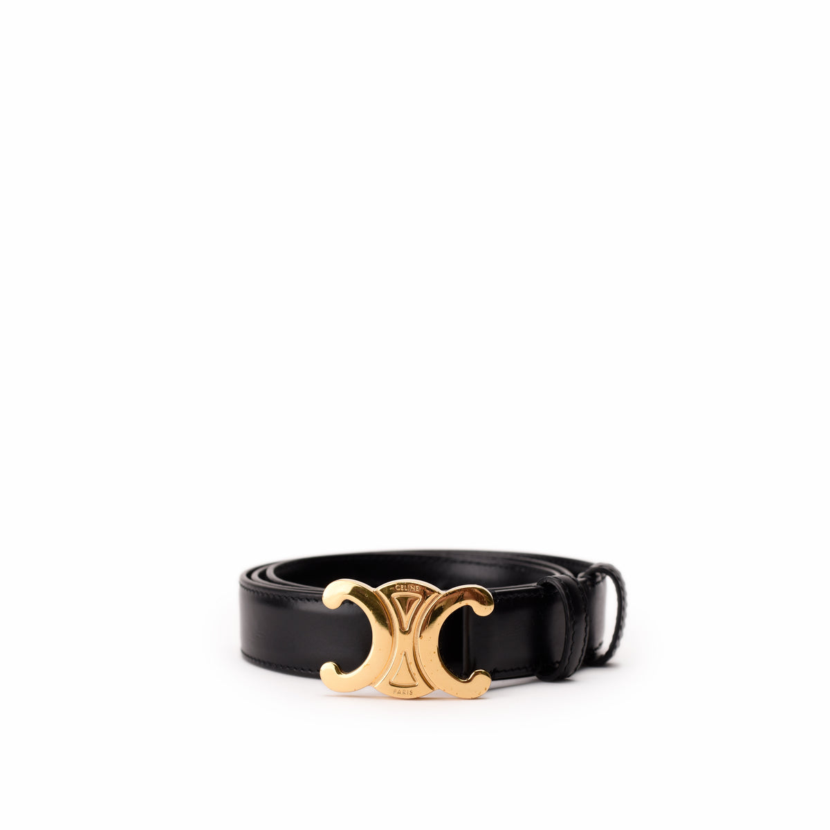 Black leather Celine belt with gold-tone logo buckle, curated Pre-loved Luxury by Myluxe in Helsinki.