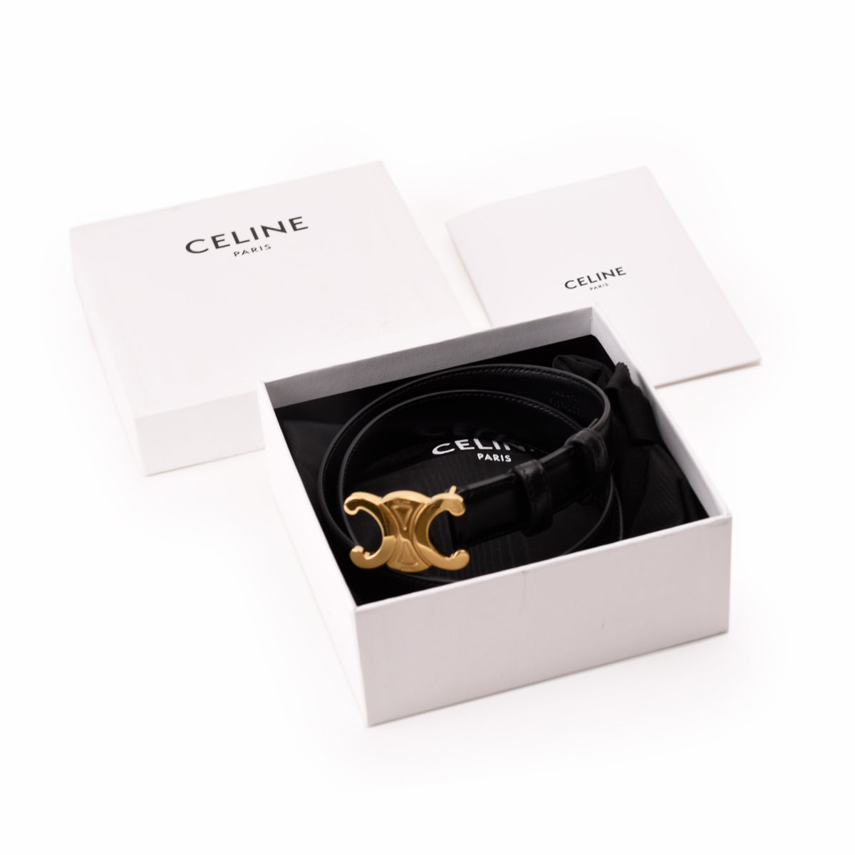 Black leather Celine belt with gold-tone Triomphe buckle, curated Pre-loved Luxury by Myluxe in Helsinki.