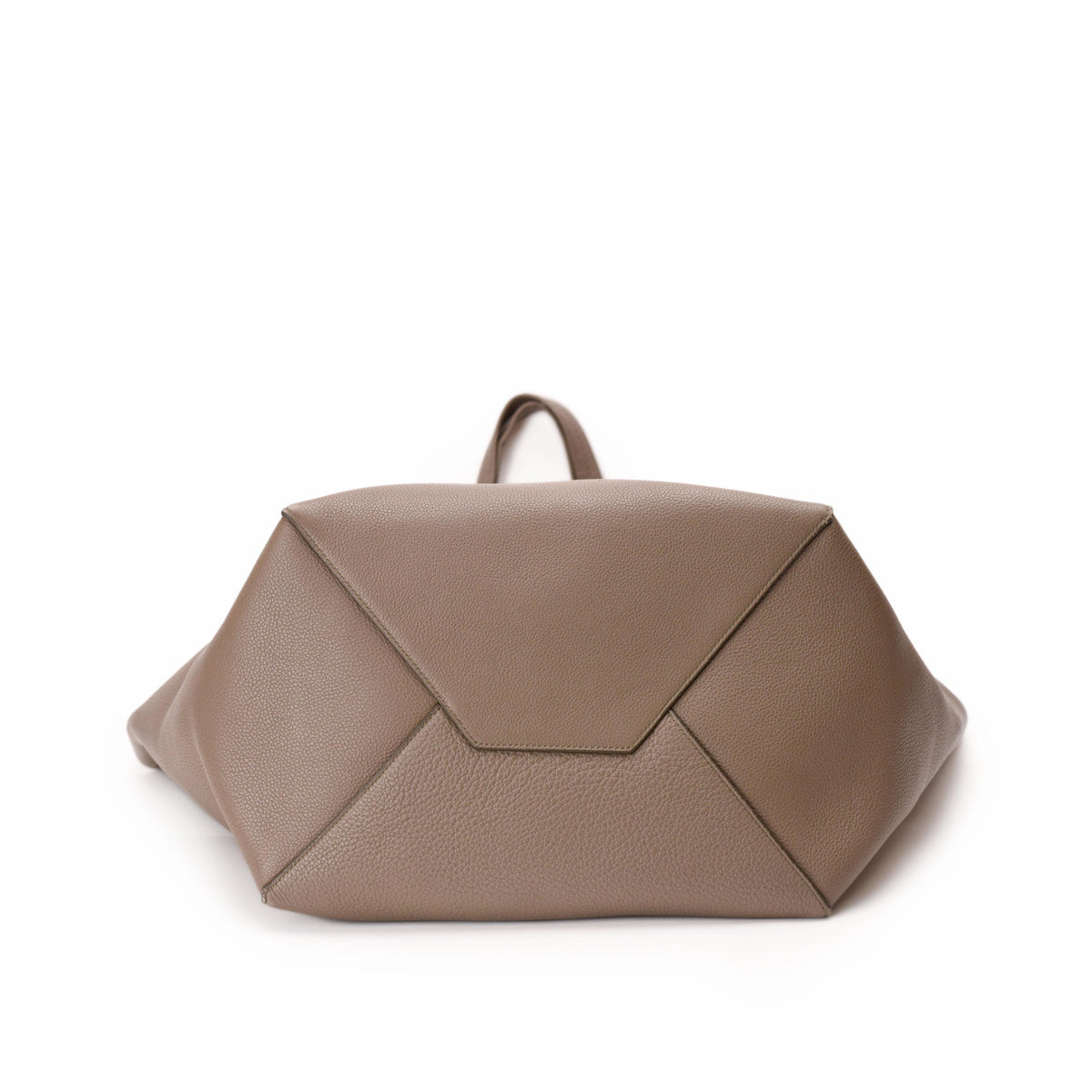 Taupe pebbled leather designer handbag with structured geometric design. curated Pre-loved Luxury by Myluxe in Helsinki.