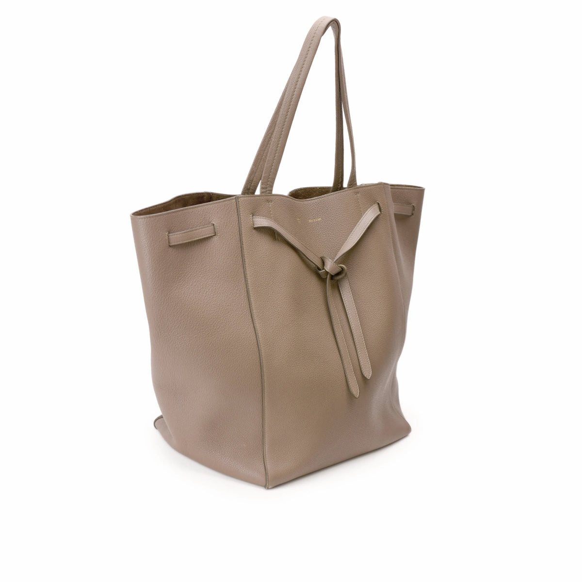 Taupe leather tote bag with drawstring detail, curated Pre-loved Luxury by Myluxe in Helsinki.
