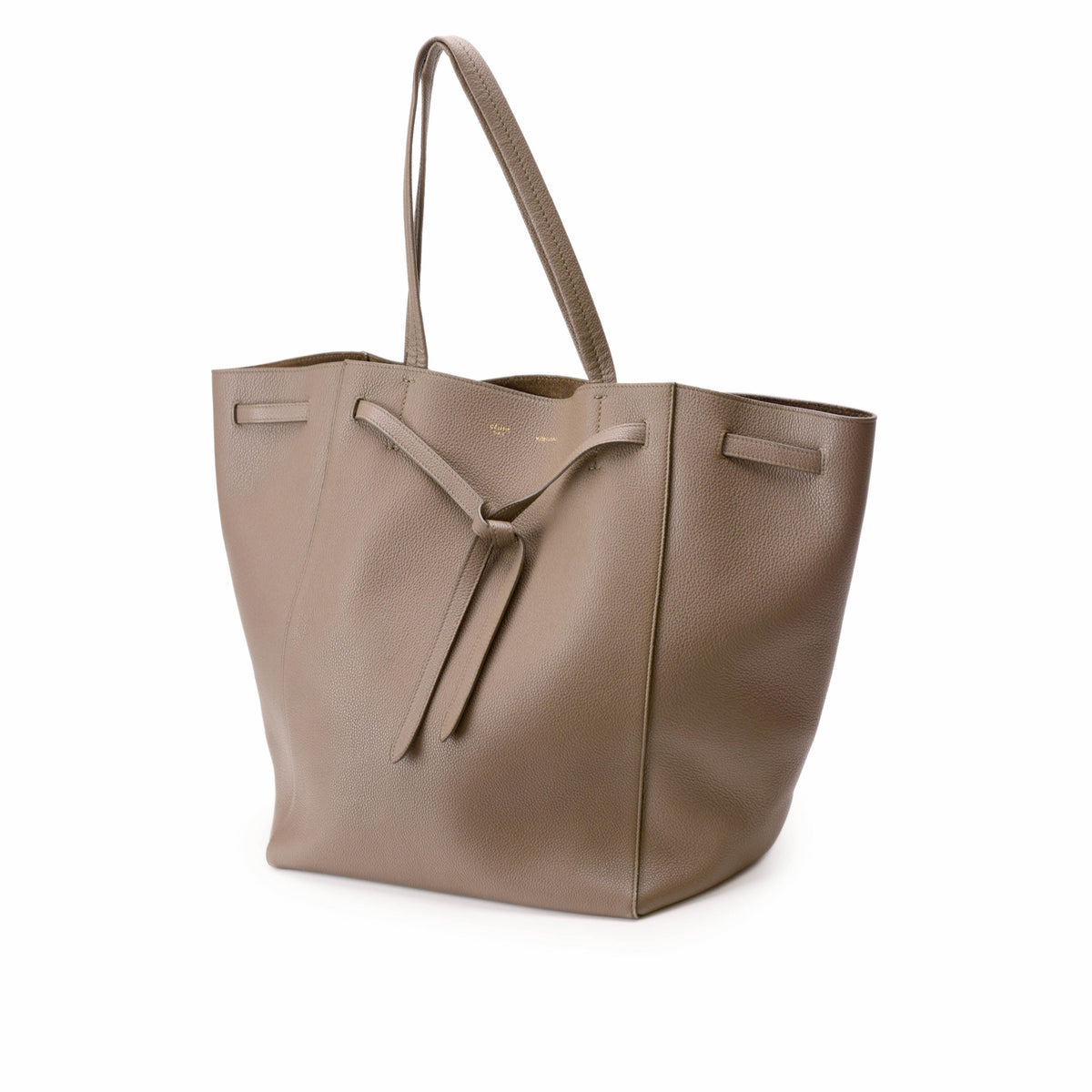Taupe pebbled leather Celine tote bag with slim shoulder straps and tie detail. curated Pre-loved Luxury by Myluxe in Helsinki.