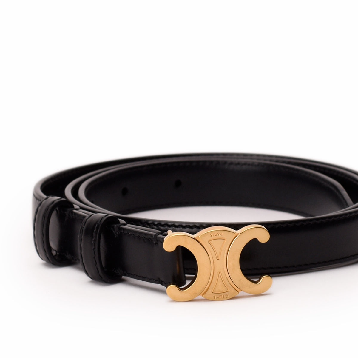 Celine black leather belt with gold-tone Triomphe buckle. curated Pre-loved Luxury by Myluxe in Helsinki.