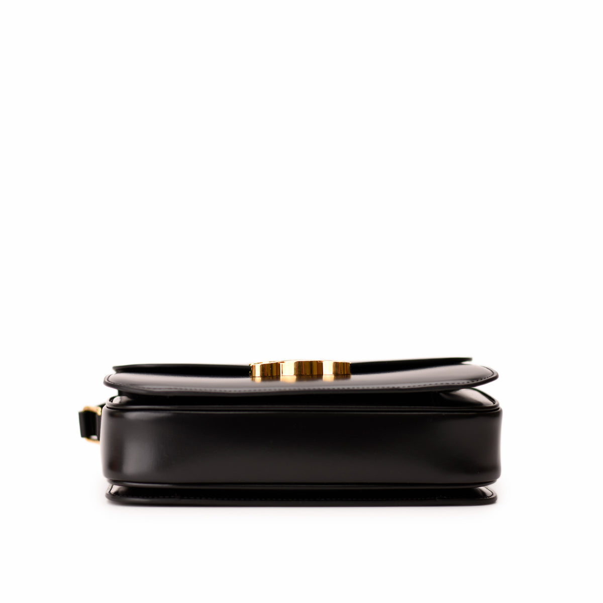 Black leather handbag with a gold-tone metallic clasp, curated Pre-loved Luxury by Myluxe in Helsinki.
