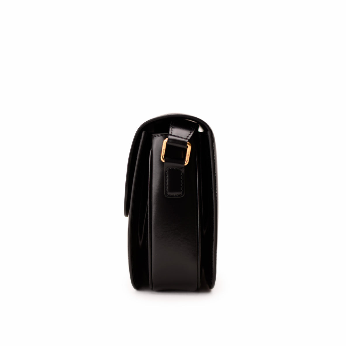 Black leather crossbody handbag with gold-tone hardware. curated Pre-loved Luxury by Myluxe in Helsinki.