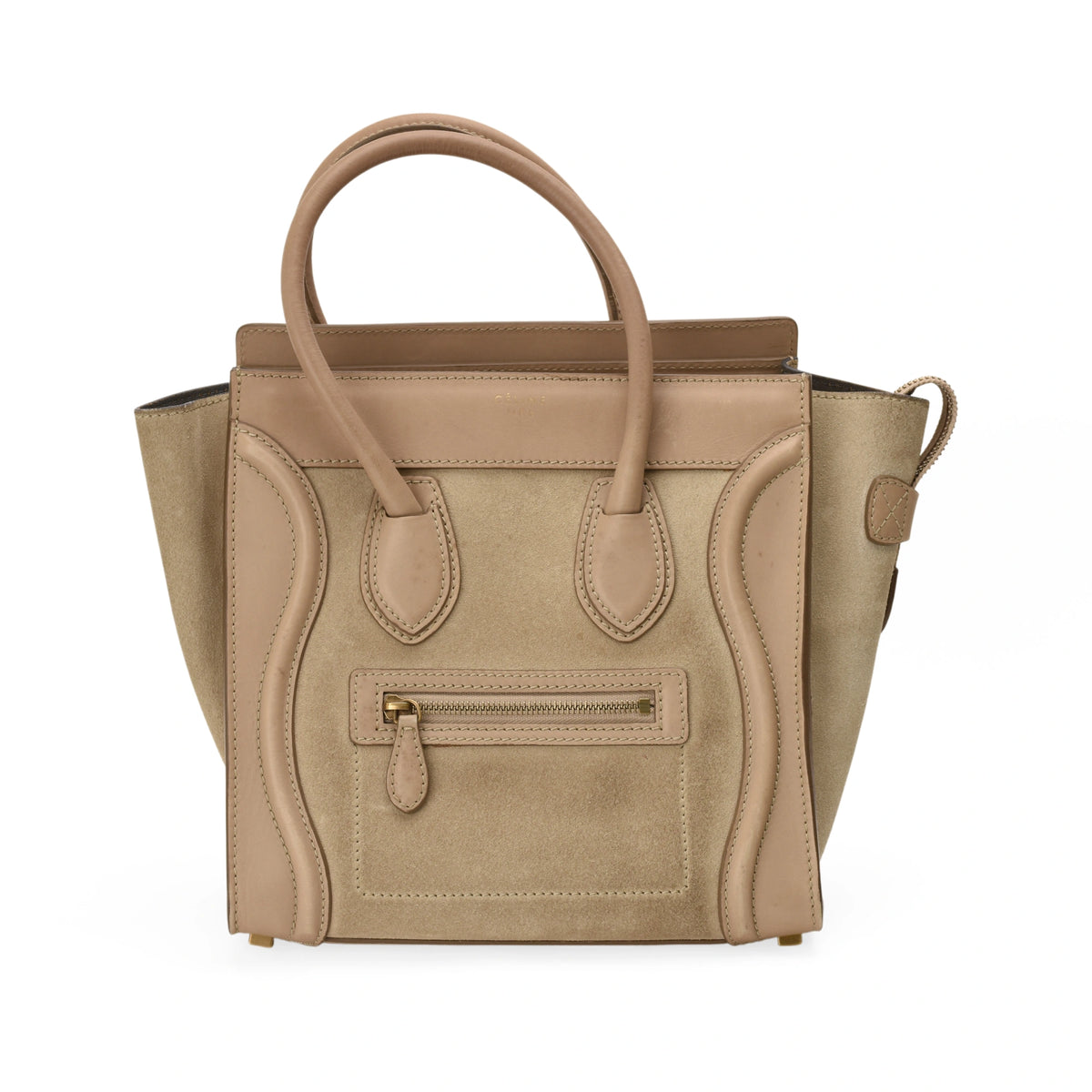 Céline beige suede and leather handbag with top handles. curated Pre-loved Luxury by Myluxe in Helsinki.