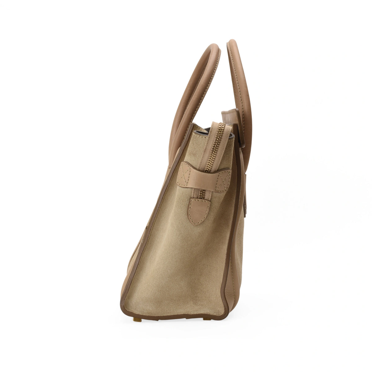 Beige suede luxury tote bag with leather handles and gold-tone zipper. curated Pre-loved Luxury by Myluxe in Helsinki.