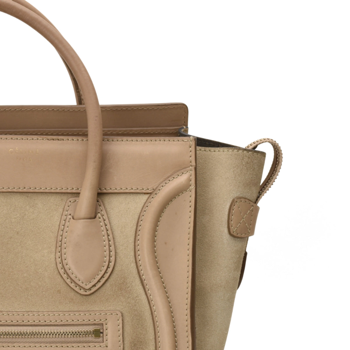 Celine beige suede leather handbag with top handles. curated Pre-loved Luxury by Myluxe in Helsinki.