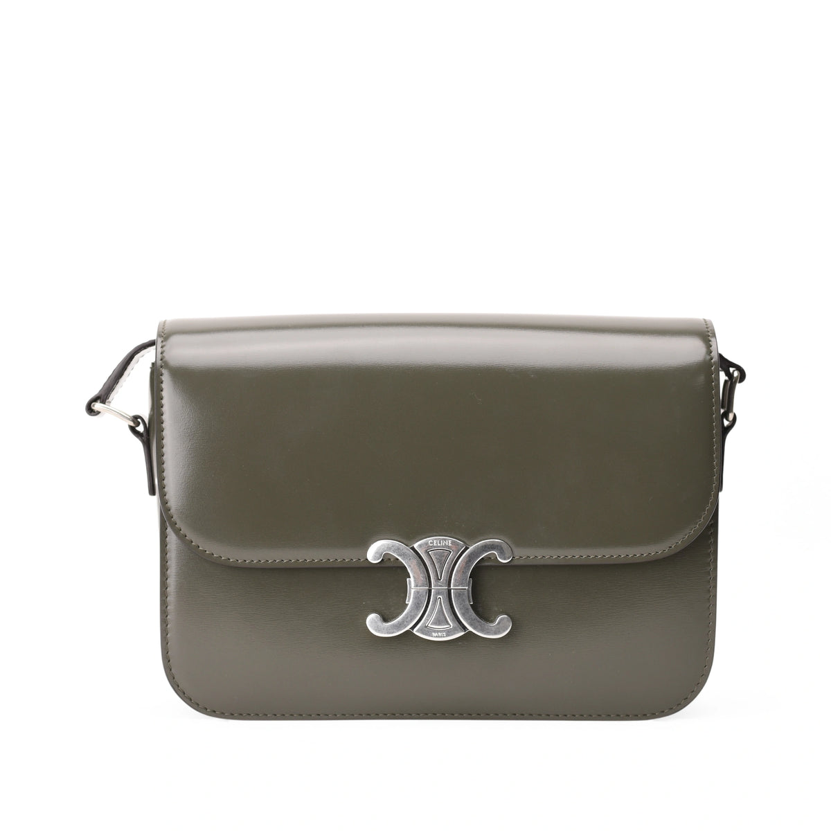 Celine Classique Triomphe medium bag in shiny dark army calfskin. curated Pre-loved Luxury by Myluxe in Helsinki.