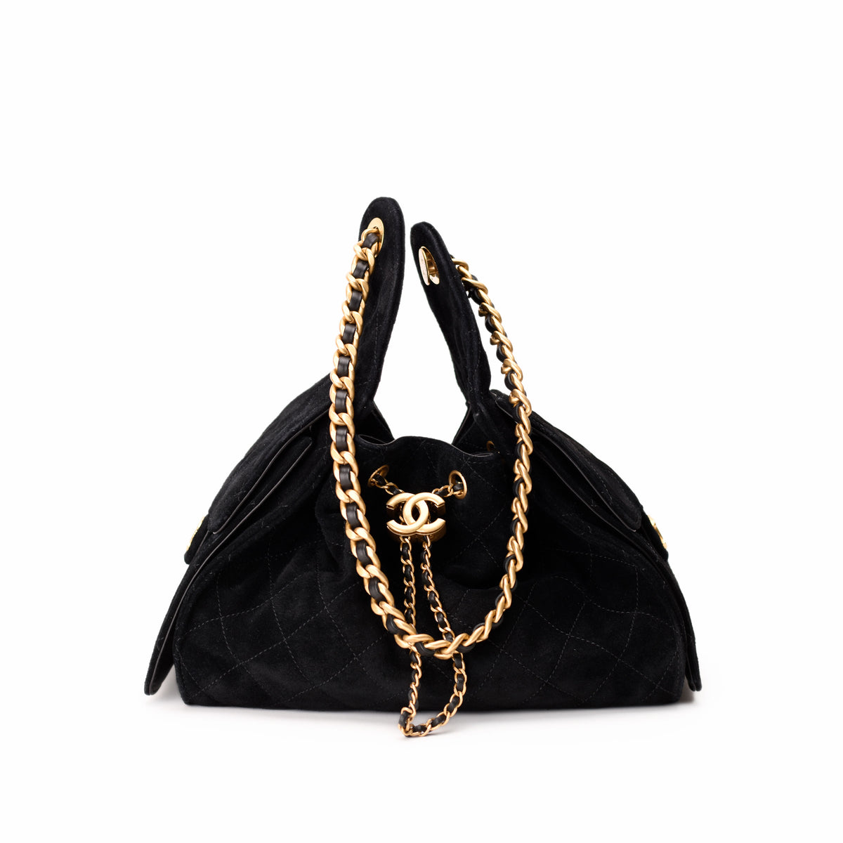 Black suede Chanel handbag with gold-tone chain strap, curated Pre-loved Luxury by Myluxe in Helsinki.