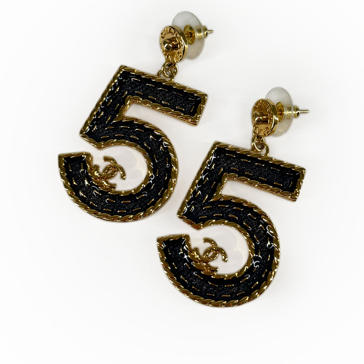 Chanel gold-tone number 55 drop earrings with black textured inlay, curated Pre-loved Luxury by Myluxe in Helsinki.