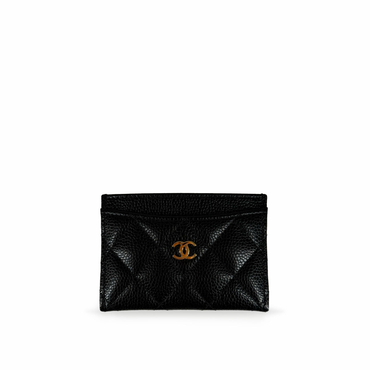 Black quilted caviar leather Chanel card holder with gold CC logo, curated Pre-loved Luxury by Myluxe in Helsinki.